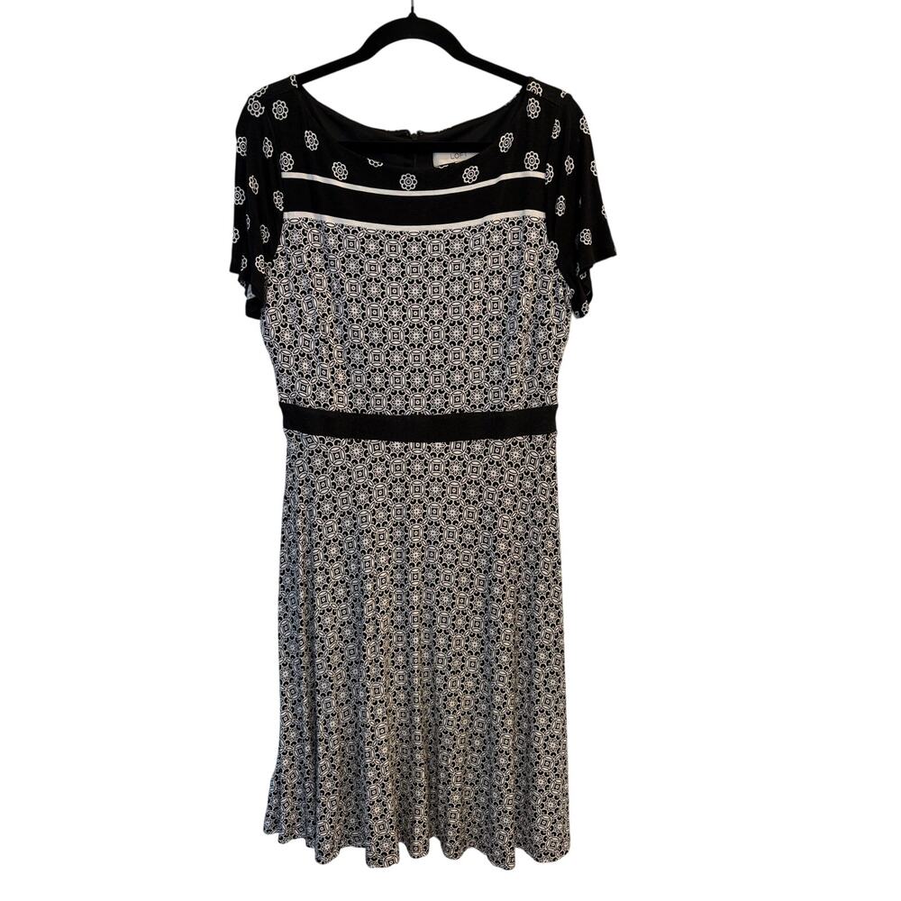 LOFT Black White Geometric Floral Bateau Neck Swing Dress Mod Size 12